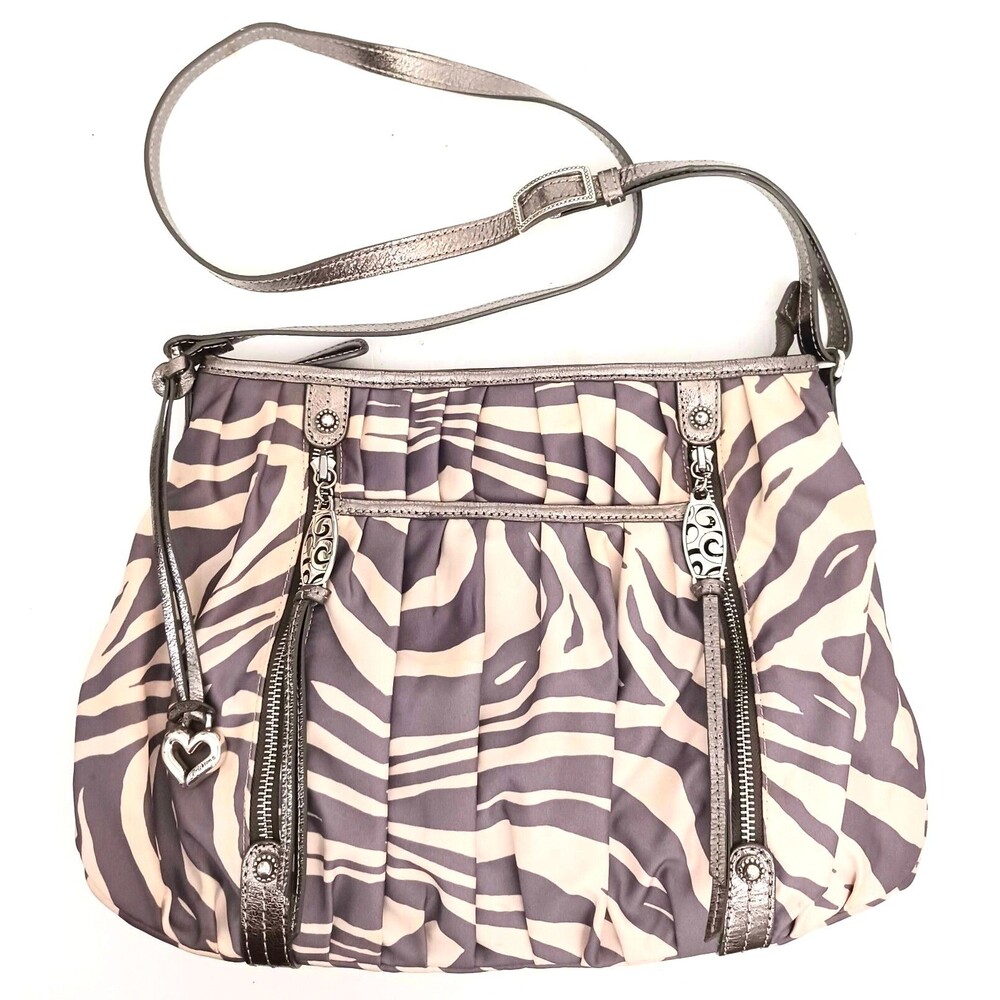 Brighton Lg Hobo Crossbody Bag Gray Cream Nylon Silver Gray Leather Trim Zipper